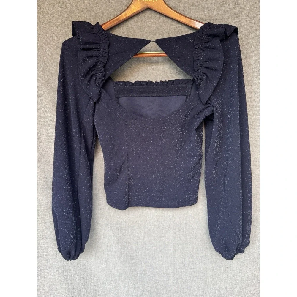 Free People Constellation Top Small Shiny Blue Square Neck Puff Sleeve Open Back